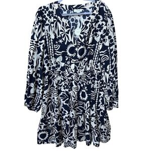 ODDI Women's Navy White Floral Print Long Sleeve Mini‎ Dress Plus Size 3XL